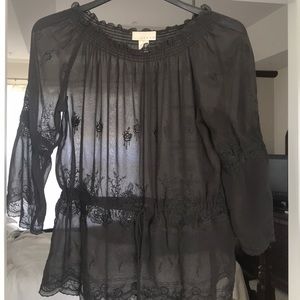 Women’s Sheer black blouse with embroidered design gathered waist